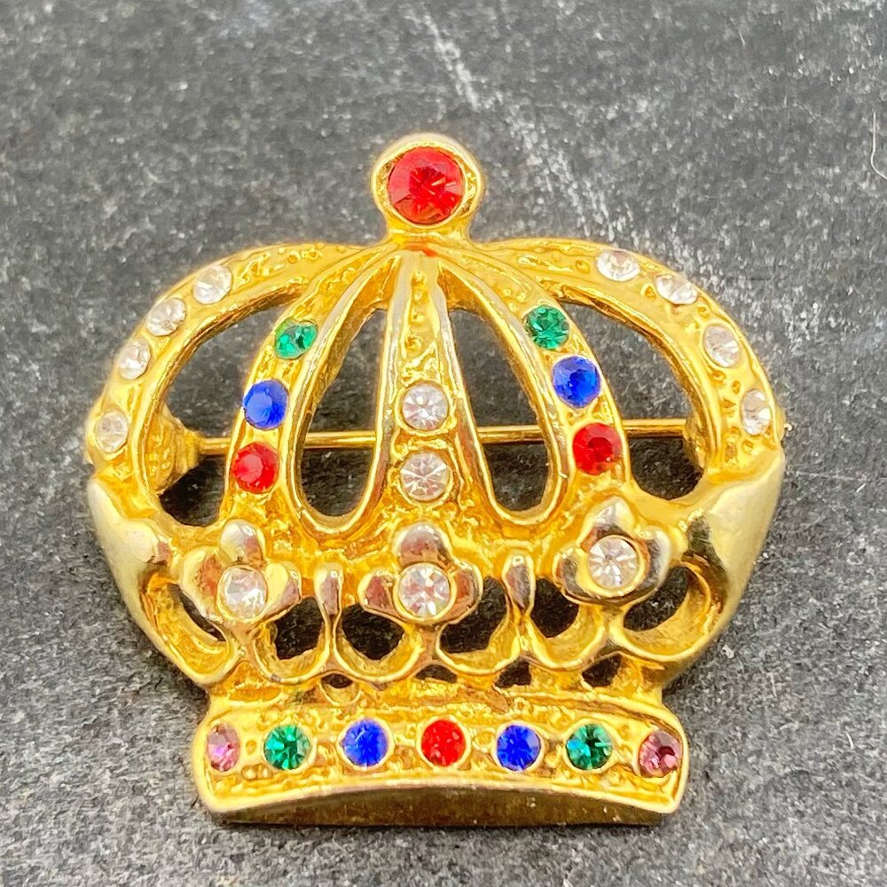 VINTAGE Gold tone metal and multi-colour rhinestone crown brooch jewelry pin - Picture 6 of 9